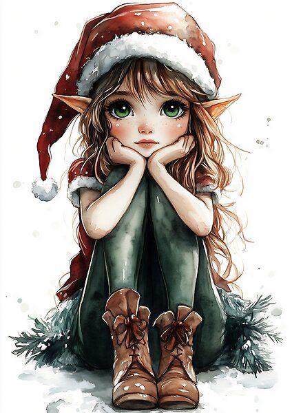 A delightful manga-inspired watercolor illustration of a cute Christmas elf with expressive, oversized green eyes and a gentle, rosy-cheeked expression. Dressed in a festive Santa hat and cozy winter outfit, she sits thoughtfully in the snow, radiating holiday charm. This artwork blends manga aesthetics with whimsical watercolor details, perfect for holiday themes, greeting cards, or seasonal decorations. Elf Drawings Christmas, Hat Covering Eyes, Snow And Trees, Snow Elf, Elf Drawings, Cozy Winter Outfit, Whimsical Watercolor, Cozy Winter Outfits, Fairies Elves