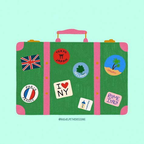 Where in the world would you like to go?! Just some of the places I look forward to visiting one day! 🧳 . Suitcase for #doodleadaymay by @ellolovey . #femaleillustrators #ladieswhodesign #designdaily #womenofillustration #creativewomen #womenwhodraw #procreatedrawing #procreateartists #procreateillustration #procreateart #illustrationartists #creativewomencommunity #creativecommunity #artistsoninstagram #graphicdesign #graphicdesigner #digitalart #digitalartist #connecticutdesigners Suitcase Graphic Design, Luggage Drawing, Travel Icon Design, Packing Illustration, Outline Doodles, Suitcase Drawing, Suitcase With Stickers, Suitcase Illustration, Illustration Colored Pencil