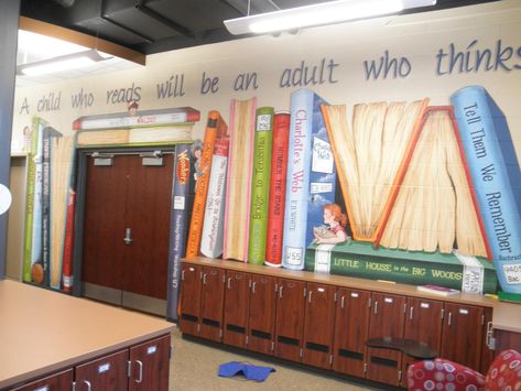 Elementary School mural Mural Ideas School, Library Mural Ideas, School Library Mural Ideas, Library Room Ideas School, Library Murals High School, School Murals Highschool, School Murals Hallways, Elementary School Murals, School Library Wall Murals