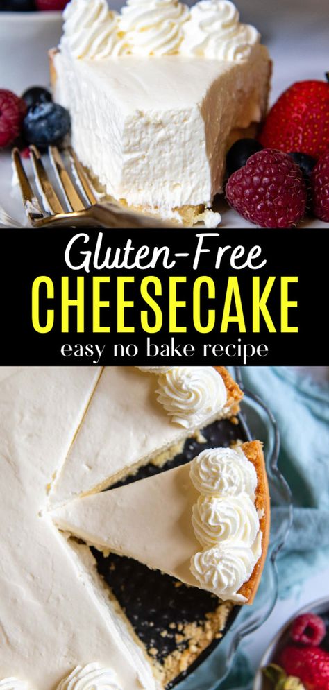 No Bake Gluten-Free Cheesecake (No Fail Recipe!) Easy Gluten Free Cheesecake, Gluten Free Cheesecake Crust, Gluten Free Cheesecake Recipes, Dairy Free Cheesecake, Gluten Free Graham Crackers, Gluten Free Crust, Easy Gluten Free Desserts, Gluten Free Cheesecake, Dinner Recipes Easy