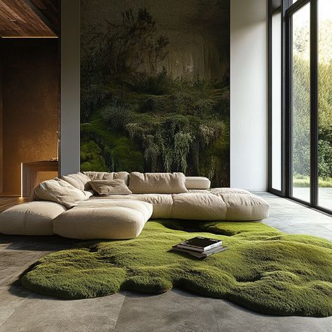 Moss Couch, Moss Green Aesthetic, Forest Home Aesthetic, Moss Living Room, Forest Rug, Moss Rug, Green Velvet Sofa, Beige Interior, Green Flooring