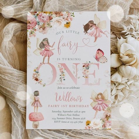 Whimsical Magical Floral Fairy 1st Birthday Party #PirateParty #CharacterThemes Fairy 1st Birthday Party, Fairy 1st Birthday, Fairy Birthday Themes, Fairy Garden Birthday, Fairy Princess Party, Fairy Invitations, Fairy Garden Birthday Party, Floral Birthday Invitations, Fairy Garden Party