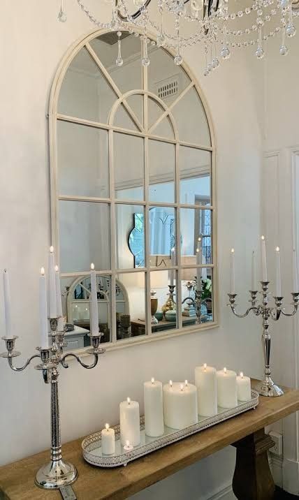 Outside Window Decor, Window Mirror Hallway, Arched Window Mirror Dining Room, Window Shaped Mirror, Country Window Mirror, Dining Wall Decor Ideas, Cathedral White Mirror Drcor, Drawing Room Interior, Small Wall Decor