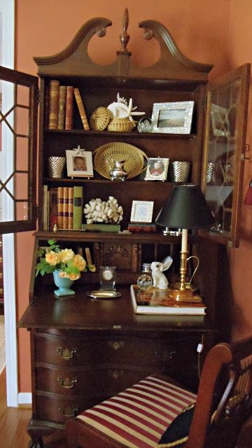 Staging A Secretary Desk, Secretary Decorating Ideas, Decorating Secretary Desk, Antique Secretary Desk Decor, Styling A Secretary Desk, Secretary Desk Decor Ideas, Secretary Desk Styling, Secretary Desk Decor, Secretary Desk Ideas