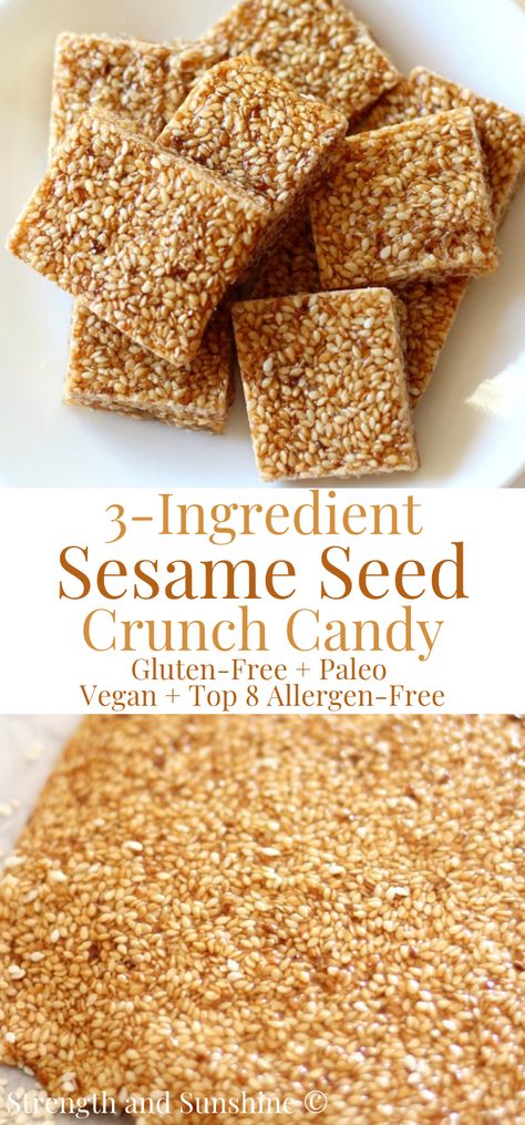 This 3-Ingredient Sesame Seed Crunch Candy is perfectly sweet, nutty, gluten-free, paleo, optionally vegan, and top-8 allergy-free! So easy, just toasted sesame seeds, honey, and sugar! Easy to gift for the holidays or munch to satisfy your sweet tooth! A popular candy recipe with many variations throughout Middle Eastern, Mediterranean, Indian, and Asian cuisines. #sesameseeds #sesamecandy #candyrecipe #homemadecandy #honey #nobakerecipe #easyrecipe Easy Party Desserts, Hot Chocolate Fudge, Brittle Recipes, Popular Candy, Party Food Dessert, Eastern Mediterranean, Candy Recipe, Slow Cooker Desserts, Candy Recipes Homemade