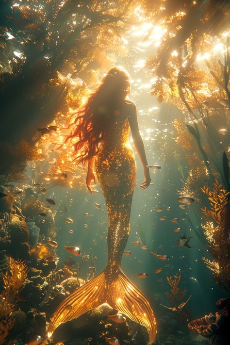 Golden Mermaid Aesthetic, Yellow Mermaid Aesthetic, Orange Mermaid Aesthetic, Sirene Aesthetic, Under Water Aesthetic, Sun Mermaid, Fairies Aesthetic, Wallpaper November, Queen Mermaid