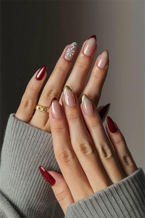 Embrace the holiday spirit with these chic simple nail ideas that perfectly blend elegance and festivity. The classic red and white color palette, adorned with delicate snowflakes and subtle glitter, captures the essence of Christmas while keeping your nails effortlessly stylish. Elevate your look this season with a design that's both fun and sophisticated. Unleash your creativity and get ready to shine at every Christmas gathering! Holiday Nails Elegant, Classy Festive Nails, Elegant Nails Christmas, Red And White Snowflake Nails, Classy Red Christmas Nails, Subtle Red Nails, Clean Christmas Nails, Christmas Classy Nails, Christmas Nails Simple Classy Red