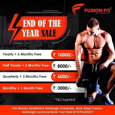 END OF THE YEAR SALE 🔥 * Yearly + 6 Months Free @10000/- * Half Yearly + 4 Months Free @8000/- * Quarterly + 3 Months Free @6000/- * Monthly + 1 Month Free @3000/- ----------- Join Fusion Fit, Aishbagh today and crush all your #FitnessGoals! . To book your workout slot call us at +919695633331 . . . #fusionfit #aishbagh #aishbaghgym #gyminaishbagh #bestgymaishbagh #gymworkout #biceps #triceps #upperbodyworkout #fitness #joinnow #offer #endoftheyear Gym Poster, Festival Celebration, Gym Design, Best Gym, Fitness Studio, Social Media Design Graphics, End Of The Year, Online Coaching, Upper Body Workout