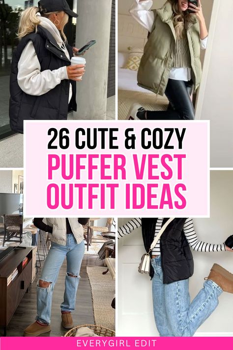 puffer vest outfits, puffer vest outfit ideas, puffer vest outfit inspo, puffer vest outfits 2025, puffer vest outfit ideas 2025. Puffy Vests For Women, Sweater And Vest Outfit Winter, Legging Vest Outfit, Puffer Vest And Joggers Outfit, Long Hooded Puffer Vest Outfit, Light Grey Puffer Vest Outfit, Layer Hoodie Outfit, Cute Outfits With Vests Winter, Leggings And Vest Outfit Winter