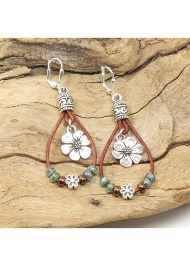 Floral Design Oval Silver Alloy Earrings | Rotita.com - USD $13.98 Anting Manik, Cottage Grove, Dangle Earrings Boho, Cord Jewelry, Boho Leather, Earrings Flower, Styl Boho, Floral Jewellery, Bead Leather