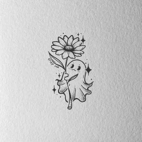 Crisp Ink Ghost Tattoo, Ghost Tattoos Aesthetic, Ghost Holding Sunflower Tattoo, Tiny Tattoos Ghost, Cottagecore Ghost Tattoo, Simple Tattoos Halloween, Cute Tiny Halloween Tattoos, Ghost With Flowers Drawing, Ghost With Crown Tattoo