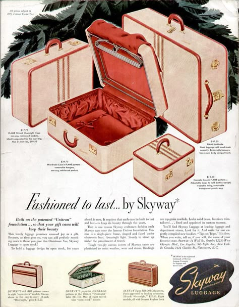 https://flic.kr/p/8vRopH | Skyway Luggage Ad Back Cover of Holiday Mag Dec 1947 Vintage Suitcases, Old Advertisements, Vintage Suitcase, Retro Advertising, Retro Ads, Vintage Luggage, Train Case, Vintage Purses, Moda Vintage