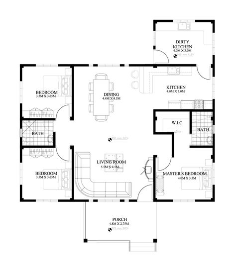 Small House Design: SHD-2015010 | Pinoy ePlans - Modern house designs, small house design and more! 3 Bedroom Bungalow Floor Plans, Single Story House Floor Plans, Single Storey House Plans, Porch House, Modern Bungalow House Design, Three Bedroom House Plan, One Storey House, Bungalow Floor Plans, Affordable House Plans