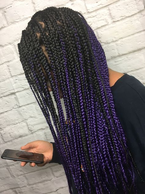 Purple And Black Hair Braids, Purple Black Braids, Purple And Black Box Braids, Purple And Black Braids, Black And Purple Braids, Purple Extensions, Purple Box Braids, Black Box Braids, Purple Braids