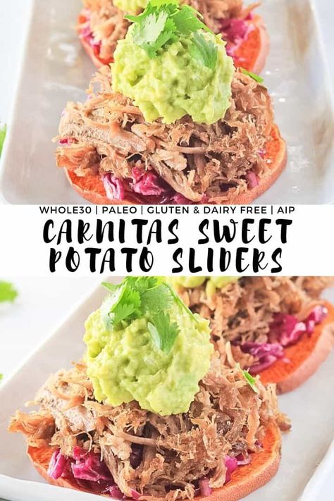 Carnitas Sweet Potato Sliders - The perfect healthy grain free open-faced slider stacked high with crunchy lime cabbage, juicy whole30 pulled pork carnitas, creamy guacamole and fresh cilantro! #finishedwithsalt #sliders #whole30 #pulledpork #instantpot #healthy #paleo | finishedwithsalt.com Aip Recipes Dinner, Aip Dinner Recipes, Potato Sliders, Sweet Potato Sliders, Instant Pot Carnitas, Aip Dinner, Creamy Guacamole, Sweet Potato Buns, Autoimmune Paleo Recipes