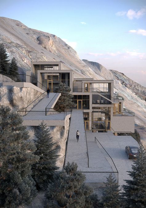 Slope House Design, House On Slope, Funny Real Estate Quotes, Mountain Architecture, Slope House, Funny Real Estate, Hillside House, Architecture Model House, Arch Design