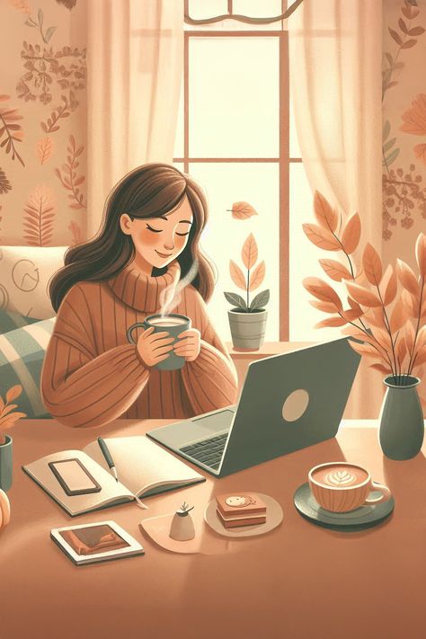 A young woman is working in a cozy room in autumn pastel colors art illustration.  #wprime #aigenerated #wprimeagency #womanworking #fallaesthetic #fallart #illustration #artillustration Cozy Drawing Ideas, Working Women Illustration Art, Cozy Illustration Art, Cozy Home Illustration, Cozy Poses, Cozy Winter Illustration, Cosy Illustration, Girly Art Illustrations Life, Working Illustration