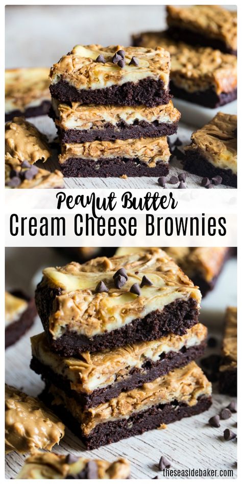 Brownies With Peanut Butter Cookies, Peanut Butter Cream Cheese Bars, Peanut Butter Cream Cheese Desserts, Peanut Butter And Cream Cheese Recipes, Brownies With A Twist, Chocolate Peanut Butter Brownie Bars, Peanut Butter Cream Cheese Brownies, Brownies With Cream Cheese Swirl, Cream Cheese Brownies 9x13