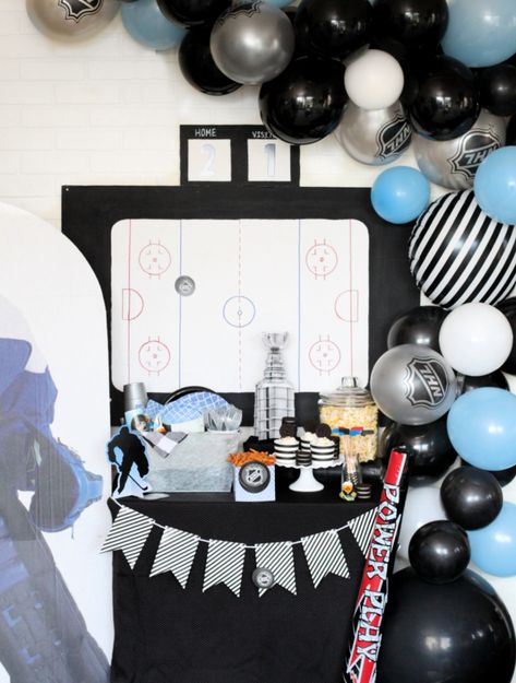 hockey birthday party dessert table Hockey Party Decorations, Hockey Birthday Party, Birthday Party Dessert Table, Hockey Birthday Parties, Hockey Party, Hockey Birthday, Surprise Baby Shower, Birthday Party Desserts, Party Dessert Table