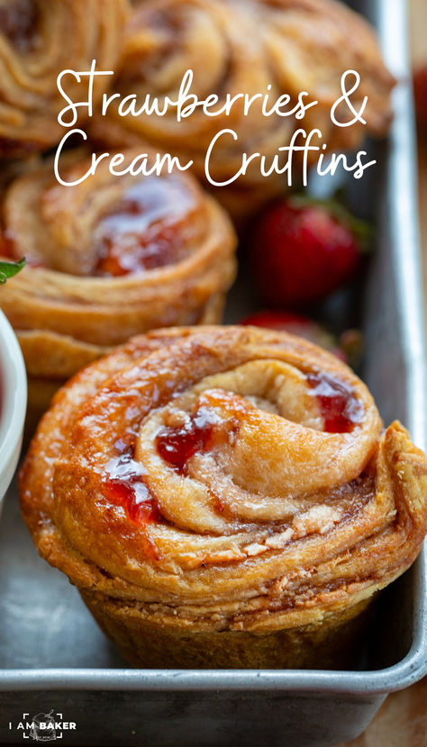 Strawberries and Cream Cruffins are flaky, buttery crescent roll dough layered and rolled with whipped cream cheese and strawberry preserves, baked in a muffin tin until golden. They are a quick and easy treat or breakfast pastry with a burst of fruity flavor! Crescent Roll Recipes Dessert Strawberry, Strawberry And Cream Cruffins, Croissant Cream Cheese Dessert, Stuffed Cruffins, Strawberry Pastry Recipes, Strawberry Cream Cheese Recipes, Cruffins With Crescent Rolls, Cruffins With Puff Pastry, Puff Pastry Muffins