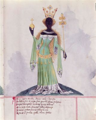 Black AND beautiful Anonymous (Bohemia), Queen of Sheba.Illustration in Bellifortis by Conrad of Kyeser; before 1405. The Queen Of Sheba, Minstrel Show, Queen Of Sheba, Black Figure, European Art, African History, Medieval Art, Illuminated Manuscript, Western Art