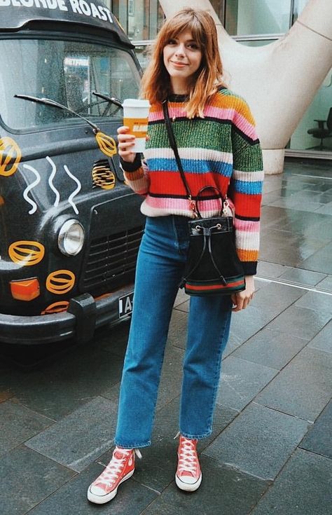 Bright Striped Sweater Outfit, Bold Fall Outfits, Casual Bright Outfits, Bright Autumn Outfits, Creative Winter Outfits, Joyful Outfits, Colourful Winter Outfits, Colorful Sweater Outfit, Thrifted Wardrobe