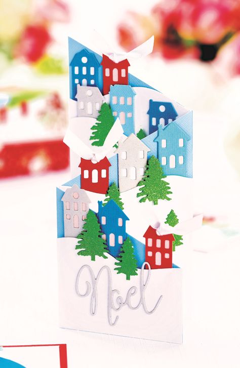 Christmas Village Card, Happy Christmas Card, Painted Christmas Cards, Stamped Christmas Cards, Tri Fold Cards, Gatefold Cards, Greeting Card Ideas, Christmas Card Crafts, Christmas Tree Cards