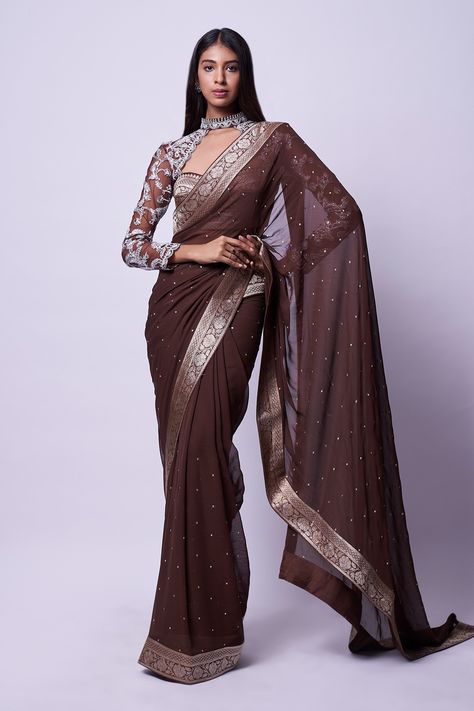 Shop for these amazing collections of Brown Saree: 100% Silk Crepe Hand Embroidered Zari With Blouse For Women by Kavitha Gutta online at Aza Fashions. Soft Saree Blouse Designs, Crepe Saree Blouse Designs, Saree Blouses Designs Latest, Coffee Brown Saree Combination Blouse, Art Silk Brown Saree With Cutdana Detail, Brown Zari Work Saree For Wedding, Brown Tissue Saree, Dark Brown Saree, Kavitha Gutta