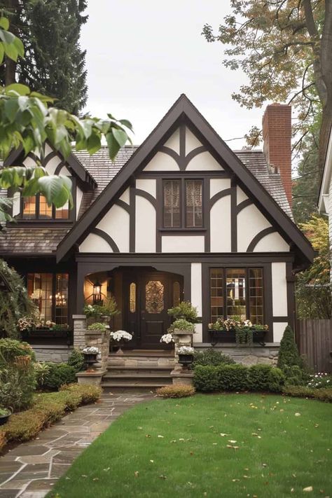 One Story Tudor House, Tudor Style Home Exterior Makeover, Tudor Ranch House Exterior, Portico Makeover, Tutor House Exterior, Mock Tudor House, Small Tudor Style Homes, French Tudor Style Homes, Tudor Style Cottage