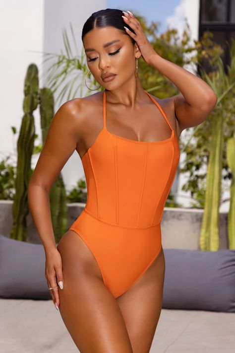 Orange Corset, Going Out Fashion, Club L London, Halter Swimsuit, Orange Swimsuit, Strapless Bandeau, Glamorous Dresses, Burnt Orange Color, Sequin Maxi Dress