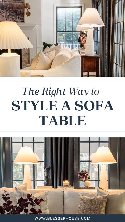 The Right Way to Place Your Sofa Table Behind Your Couch. Adding a sofa table behind the couch is a fantastic living room décor idea, and I’ve found a new way to style it that makes a huge difference! This tip will take your living room style up a notch. Click through to see how to style a console table behind the sofa. Living room décor ideas, home interior design tips. console table behind sofa, sofa table décor living room style, home interior design Sofa Table Behind Couch Against Wall With Windows, Console Table Styling Behind Sofa, Drop Leaf Table Behind Sofa, Contemporary Sofa Table Behind Couch, Console Table Decorating Behind Sofa, Floating Sofa Table, How To Style A Sofa Table Between Couch And Wall, Sofa Table Behind Couch Against Window, Sofa Table Behind Chairs