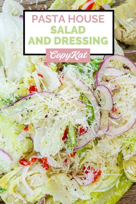 Pasta House Salad Recipe Copycat, Pasta House Salad Dressing Recipe, Steakhouse Salad Recipes, Lettuce Pasta Salad, Pasta House Salad Recipe, Pasta House Salad, Steak House Salad Recipe, Famous Salads, Italian Potluck