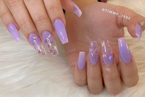 Butterfly Nails Lavender, Birthday Nails Medium Length Purple, Purple And White Butterfly Nails, Purple With Butterflies Nails, 21st Birthday Nails Purple, Butterfly Encapsulated Nails, Clear Purple Acrylic Nails, Light Purple Nails With Butterflies, Purple Clear Nails