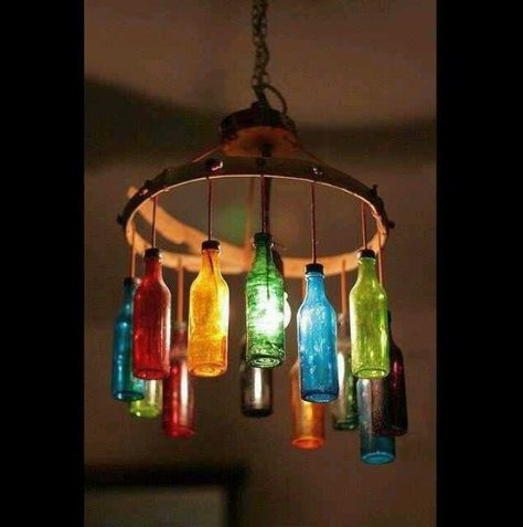 Colored glass bottle chandelier | Colored Glass | Pinterest Gazebo Lighting, Bottle Chandelier, Jar Chandelier, Recycled Bottle, Lighted Wine Bottles, Bottle Lights, Wine Bottle Crafts, Mason Jar Lamp, Bottles And Jars