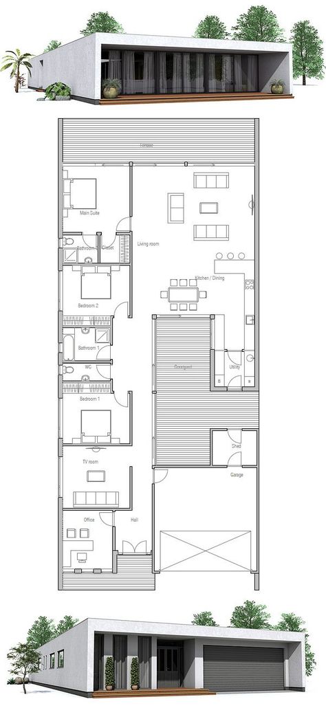 Contemporary House Design to narrow lot. Three Bedroom House Plan, Building A Container Home, Container House Plans, Contemporary House Plans, Contemporary House Design, Bedroom House Plans, Modern House Plans, Small House Plans, Architecture Plan