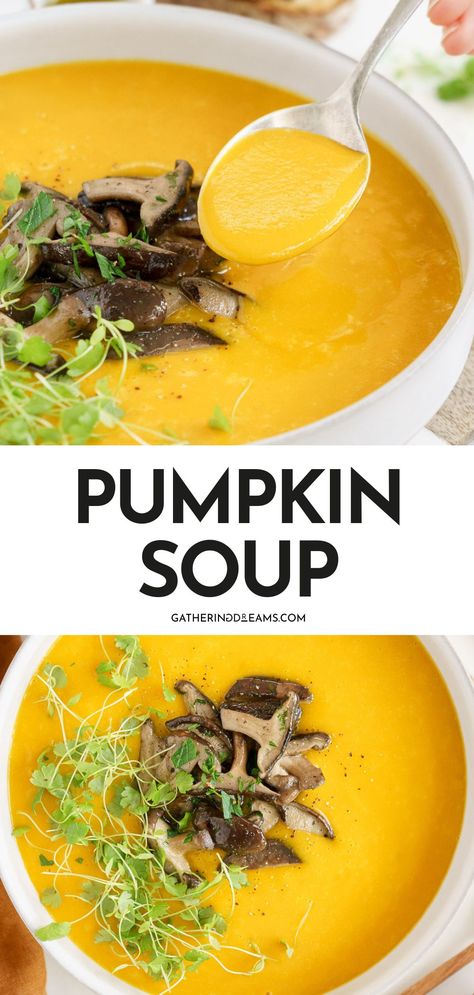 This delicious pumpkin soup with sautéed mushrooms is a plant-based wonder. It’s smooth, creamy, and incredibly moreish. You’ll get the comforting flavors of fall from the pumpkin and a kick of spice from the garlic and black pepper. Foolproof for beginners and ready in a flash, it’s a vibrant winter warmer that won’t disappoint. Pumpkin Mushroom Soup, Easy Pumpkin Soup, Pumpkin Soup Recipe Easy, Creamy Pumpkin Soup Recipe, Mushroom Pumpkin, Comforting Recipes, Pumpkin Soup Easy, Pumpkin Mushroom, Creamy Pumpkin Soup