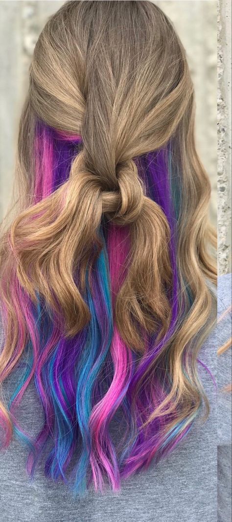 Purple pink and blue peekaboo hair! Hidden Peacock Hair Color, Hair Color On Ends Of Hair, Pink And Teal Peekaboo Hair, Peekaboo Rainbow Hair Blonde, Summer Peekaboo Hair, Hidden Mermaid Hair, Purple Pink Underneath Hair, Peekaboo Mermaid Hair, Blue And Pink Peekaboo Hair