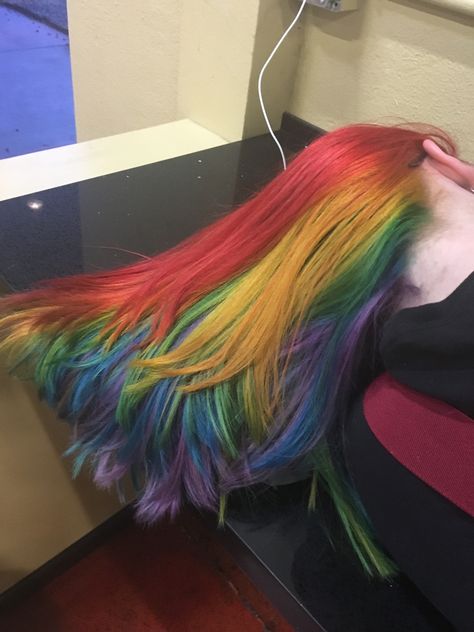 Dyed Hair Inspiration Unique, Rain Bow Hair, Rainbow Wolfcut, Brown And Rainbow Hair, Long Rainbow Hair, Muted Rainbow Hair, Rainbow Hair Color Ideas For Short Hair, Rainbow Hair Aesthetic, Peekaboo Rainbow Hair