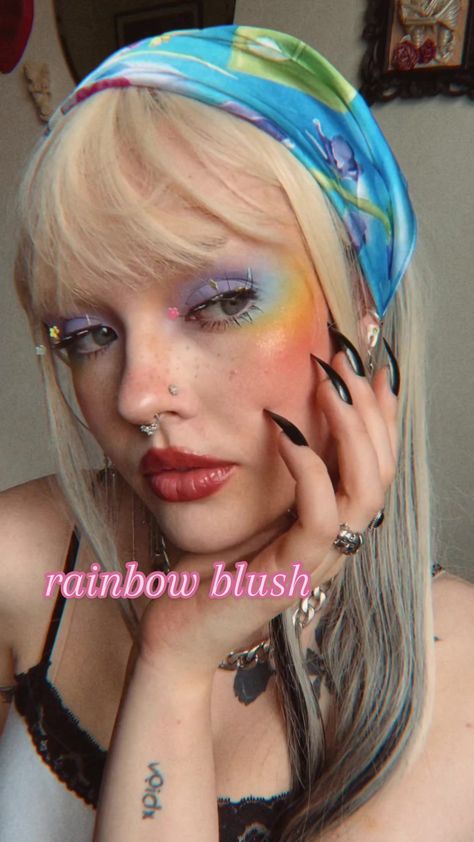 Cute Colored Eyeliner Looks, Pride Blush Makeup, Rainbow Highlighter Makeup, Fun Makeup Inspiration, Barbie Movie Makeup Ideas, Pride Fest Makeup, Fun Blush Ideas, Soft Rainbow Makeup, Opal Eye Makeup