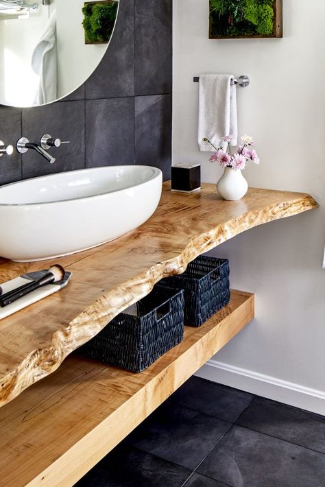 Live Edge Fallen Maple Vanity | Baltimore Fallen Lumber Bathroom Vanity Unique, Bathroom With Live Edge Vanity, Live Edge Floating Shelves Bathroom, Live Edge Powder Room Vanity, Bathroom Bowl Sink Ideas Wood Vanity, Live Edge Wood Bathroom Vanity, Live Edge Floating Vanity, Cedar Bathroom Vanity, Live Edge Bathroom Sink