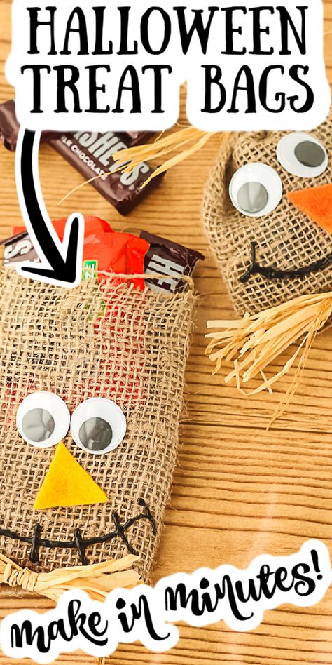 Make these DIY Halloween treat bags easily with just a few supplies! These cute scarecrow goodie bags are perfect for fall and all of your celebrations! #halloween #treatbags #scarecrow #burlap Diy Halloween Treat Bags, Halloween Treat Bags Diy, Diy Halloween Treats, Halloween Goodie Bags, Halloween Symbols, Halloween Craft Projects, Diy Treats, Burlap Bags, Easy Halloween Crafts