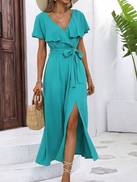 Solid Ruffle Trim Split Thigh Belted Dress | SHEIN USA Aqua Dress Outfit, Thigh Belt, Cadet Blue, Aqua Dress, Men's Beauty, Dress Outfit, Cami Dress, Belted Dress, Ruffle Trim