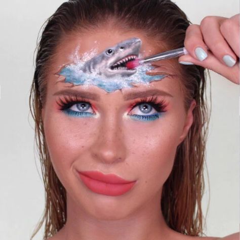 Themed Makeup Looks, Shark Makeup, Eyeliner Wings, Themed Makeup, Easy Designs, Perfect Cat Eye, Summer Blues, Mehron Makeup, Face Painting Easy