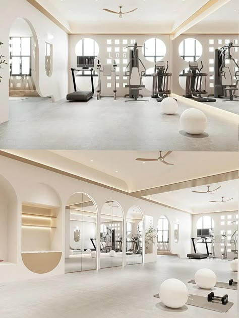 Women Gym Interior Design, Feminine Home Gym Ideas, Personal Training Studio Design Ideas, Studio Gym, White Gym, Luxury Gym Aesthetic, Gym For Women Design, Female Gym, Private Fitness Studio