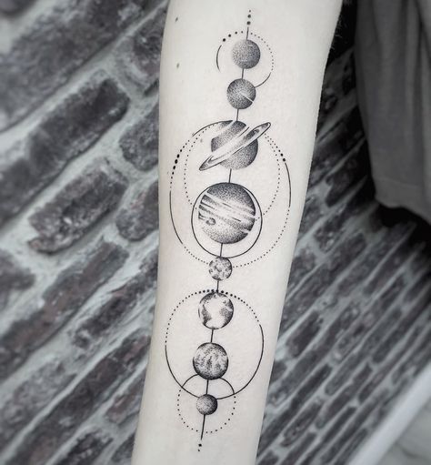 Planet Alignment Tattoo, Planets Aligned Tattoo, Space Shoulder Tattoo, Planets Tattoo Design, Thigh Hip Tattoo, Venus Planet, Small Colorful Tattoos, Alchemy Tattoo, Meaning Tattoos