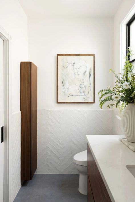 5 Ways to Make a Plain White Bathroom Interesting — Including Easy Fixes You Can do Right Now Textured White Bathroom Tiles, Plain White Bathroom, Replacing Cabinets, Off White Wallpapers, White Bathroom Tiles, Contemporary Light Fixtures, Zellige Tile, Custom Vanity, Downstairs Bathroom