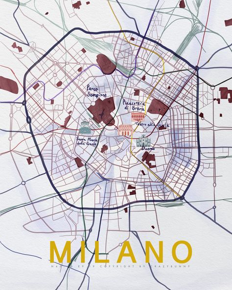 Milan Illustration, Milan Map, City Map Drawing, Watercolor City Map, Italy Illustration, Maps Aesthetic, Milan Art, Milan City, Retro Map