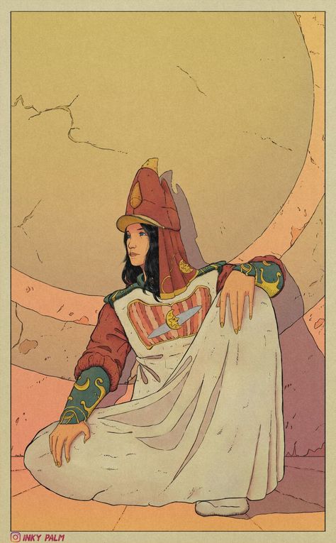 Flat illustration of a lady in robes sitting on the ground. Mobius Art, Moebius Art, Jean Giraud, Apocalypse Art, Art Magazine, Alien Art, Arte Inspo, Graphics Inspiration, Comic Book Artists