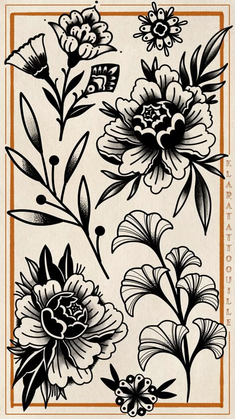 tattoo designs made by me. Would love to tattoo them :) American Trad Flower Black, Dark Peonies Tattoo, Tattoo Flash Wallpaper, American Traditional Tattoo Sleeve Filler, Rose Of No Mans Land Tattoo, Flower American Traditional Tattoo, Shoulder Peony Tattoo, American Traditional Filler Ideas, American Traditional Floral Sleeve