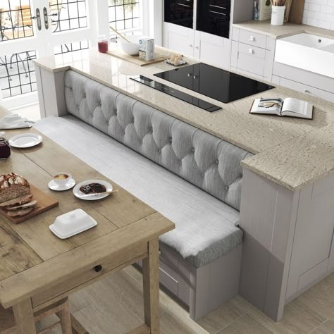 Customise your space by adding in banquette seating to your design - a touch of luxury and elegance to any kitchen. Built in seating can not only look stylish, but saves room and provides extra storage. Your dining area will inspire you to sit back and relax. Featured in our stunning Sherwood grey range #kitcheninspiration #greykitchens #shakerkitchens #banquetteseating #bespoke #kitchens Kitchen Wall Seating, Booth Seating In Kitchen Island, Kitchen Bar Bench Seating, Kitchen Sofa Ideas, Kitchen Island With Built In Bench Banquette Seating, Kitchen Island Wrap Around Seating, Built In Island Seating, Square Island Bench, Island Built In Seating